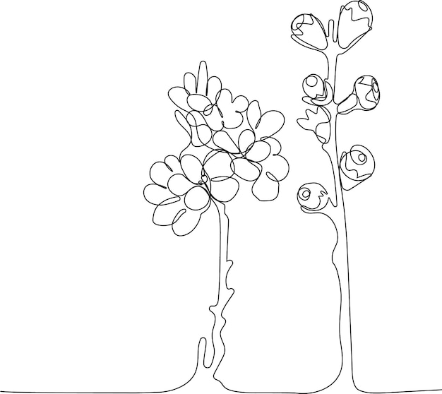 Dibujo continuo de una línea de flor de primavera Hojas de manzana y flor de manzana en primavera.