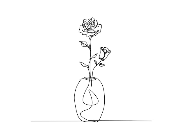 Dibujo continuo de una línea de flor de rosa en el jarrón
