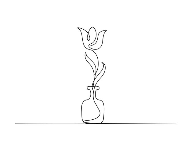 Dibujo continuo de una línea de flor de tulipán en jarrón