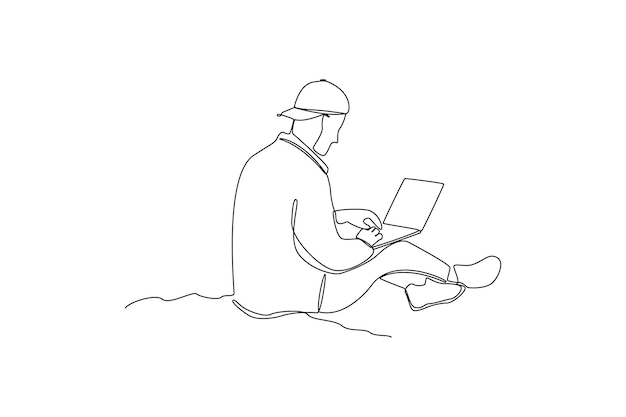 Dibujo continuo de una línea de Freelancer trabajando desde casa o en la playa a un ritmo relajado conveniente concepto de lugar de trabajo Doodle ilustración vectorial