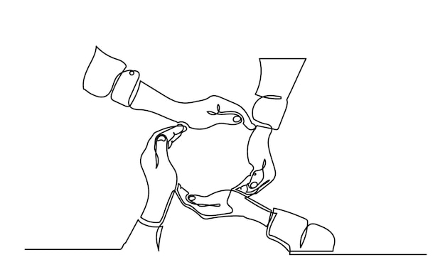 El dibujo continuo de la línea de la gente de negocios pone las palmas juntas haciendo una forma de círculo