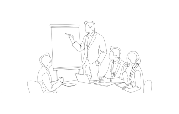 Dibujo continuo de una línea del gerente de negocios dando la presentación del plan de marketing para los miembros del equipo