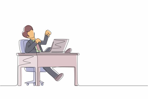 Dibujo continuo de una línea. El gerente se ríe en voz alta mientras señala con el dedo el vector de la computadora portátil.