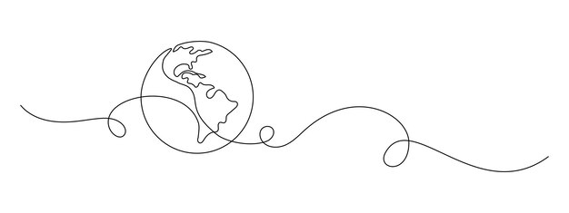 Dibujo continuo de una línea del globo terrestre con arte floreciente