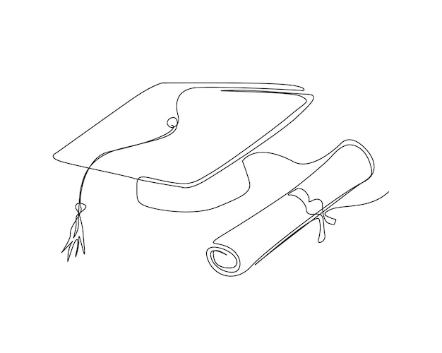 Vector dibujo continuo de una línea de la gorra de graduación universitaria