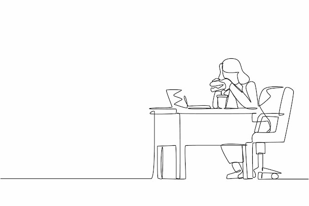 Un dibujo continuo de una línea de grasa mujer obesa usando portátil comiendo hamburguesas comida rápida estilo de vida no saludable