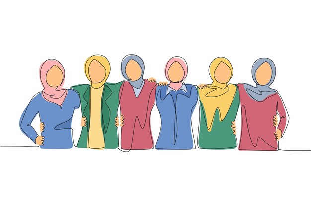 Vector un dibujo continuo de una línea grupo de mujeres árabes abrazándose mujer juntas feliz día de la amistad