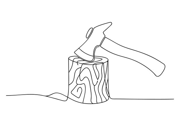 Dibujo continuo de una línea de un hacha de madera Diseño de herramientas minimalistas