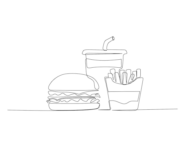 Dibujo continuo de una línea de hamburguesas fritas y refrescos