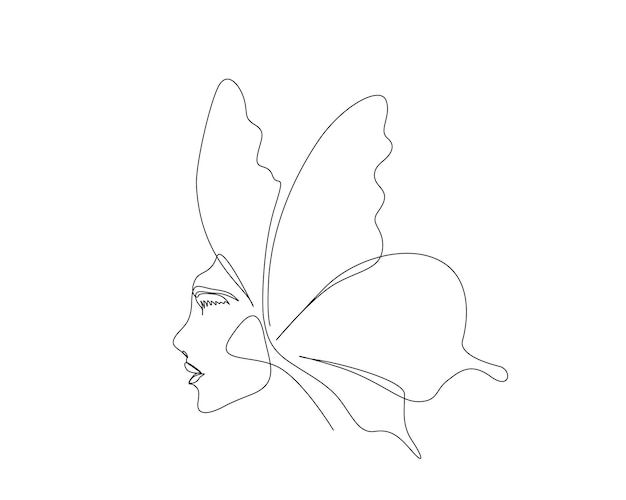 Dibujo continuo de una línea de hermosa cara femenina combinada con alas de mariposa
