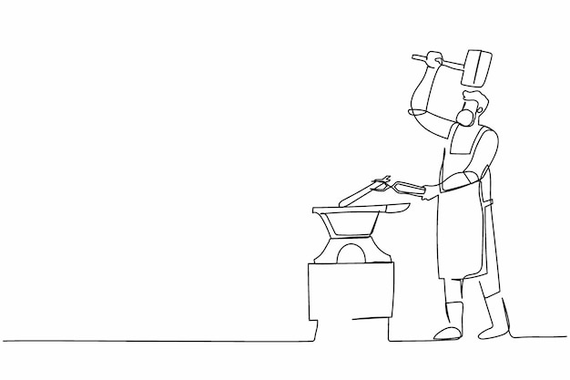 Dibujo continuo de una línea herrero barbudo en delantal forjando cuchilla en el vector de diseño del yunque