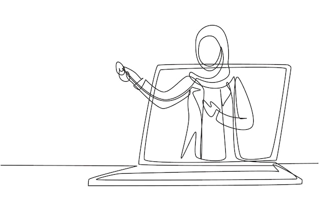Un dibujo continuo de una línea hijab mujer médico sale de la pantalla del portátil sosteniendo un estetoscopio