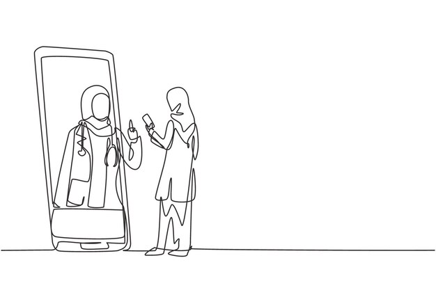 Dibujo continuo de una línea hijab paciente femenina con teléfono inteligente Doctor vector de diseño en línea