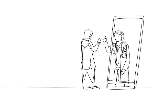 Dibujo continuo de una línea hijab paciente con teléfono inteligente de pie frente al teléfono y médico masculino