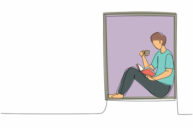 Un dibujo continuo de una línea hombre en el alféizar de la ventana con una taza de café caliente quedarse en casa leyendo un libro