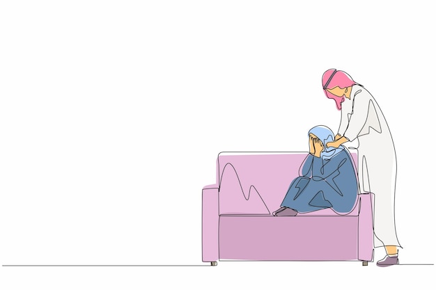 Dibujo continuo de una línea de un hombre árabe dando apoyo y consuelo a una mujer deprimida que llora