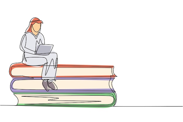 Dibujo continuo de una línea hombre árabe estudiando con una computadora portátil sentado en una pila de grandes libros de diseño de arte