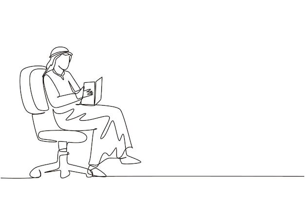 Un dibujo continuo de una línea de un hombre árabe leyendo un libro sentado en una silla disfrutando del vector de la literatura.