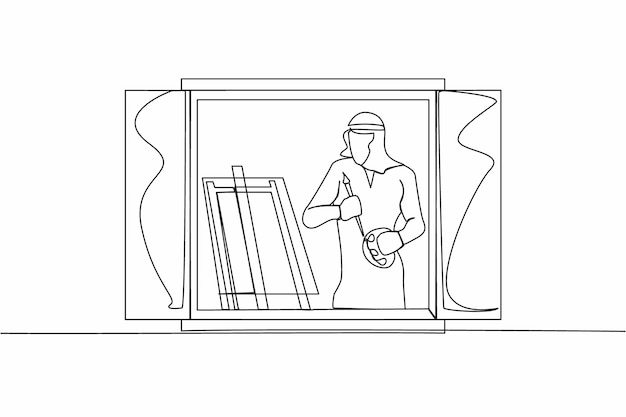 Dibujo continuo de una línea hombre árabe pintor dibujando en el interior cerca de la ventana Hombre sosteniendo un pincel