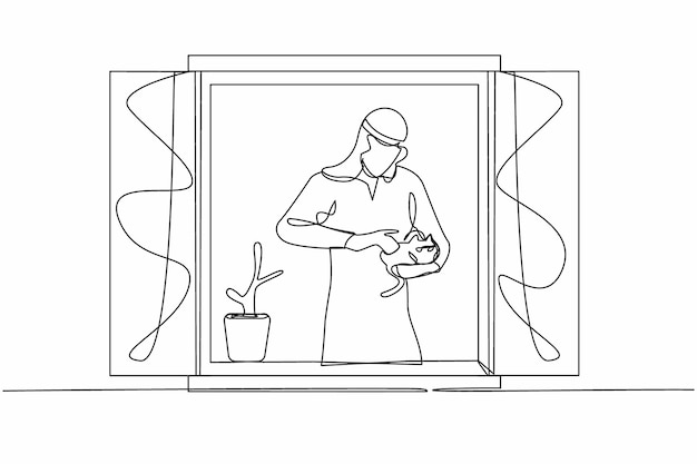 Dibujo continuo de una línea de un hombre árabe con una planta sosteniendo un gato y mirando por la ventana Quédese en casa durante la pandemia de coronavirus advertencia de aislamiento de cuarentena Ilustración vectorial de diseño de dibujo de una sola línea
