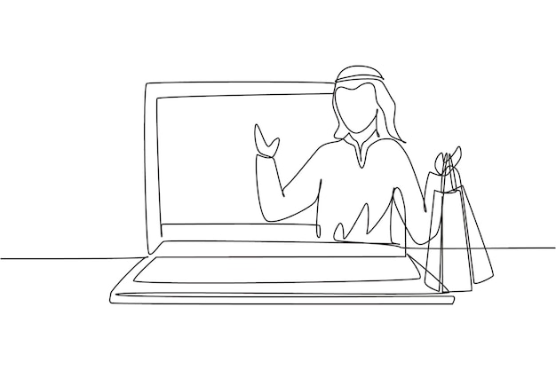 Dibujo continuo de una línea hombre árabe saliendo de la computadora portátil sosteniendo bolsas de compras estilo de vida digital