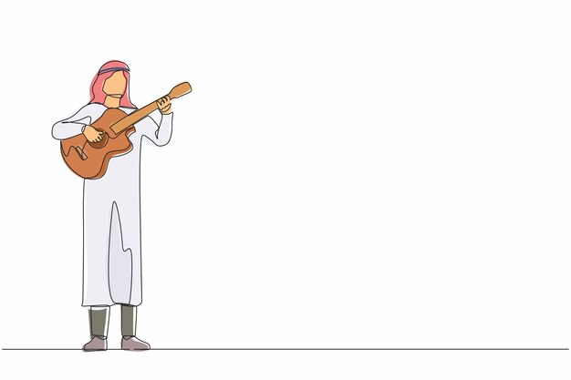 Dibujo continuo de una línea hombre árabe tocando guitarra acústica músico adolescente tocando cuerdas