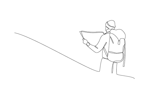 Dibujo continuo de una línea hombre buscando mapa para senderismo binocular y equipo de senderismo lectura mapa de ruta buscando dirección ubicación de senderismo dibujo de línea única ilustración vectorial de diseño