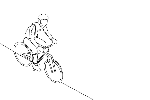Dibujo continuo de una línea Hombre con casco y ropa deportiva en una bicicleta Un ciclista solitario montando una bicicleta