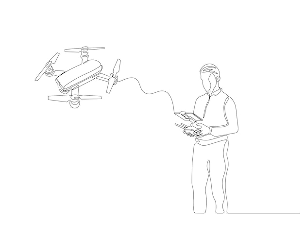 Dibujo continuo de una línea de un hombre con control remoto y un dron volador Dibujo de una línea