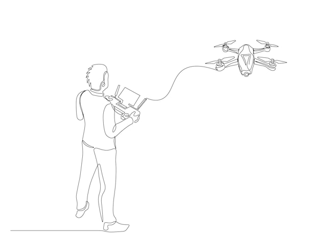Dibujo continuo de una línea de un hombre con control remoto y un dron volador Dibujo de una línea