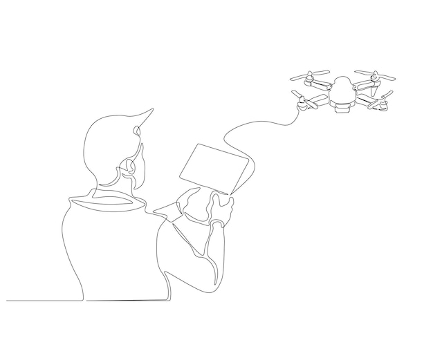 Dibujo continuo de una línea de un hombre con control remoto y un dron volador Dibujo de una línea