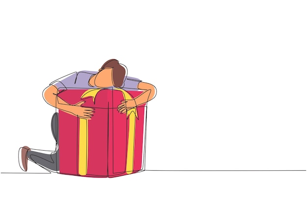 Un dibujo continuo de una línea de hombre feliz abrazando la caja de regalos con amor Hombre sosteniendo firmemente el vector.