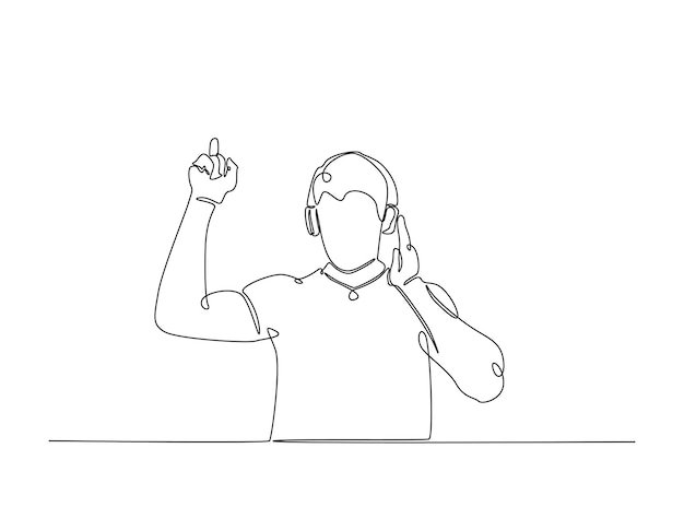 Dibujo continuo de una línea de un hombre feliz con auriculares