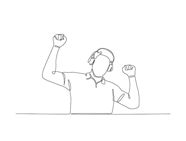 Dibujo continuo de una línea de un hombre feliz con auriculares