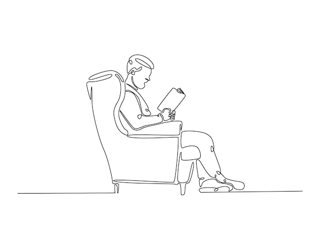 Dibujo continuo de una línea de un hombre leyendo un libro en un sillón acogedor