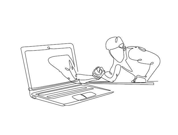 Dibujo continuo de una línea de un hombre luchando con el brazo luchando con la mano saliendo de la computadora portátil