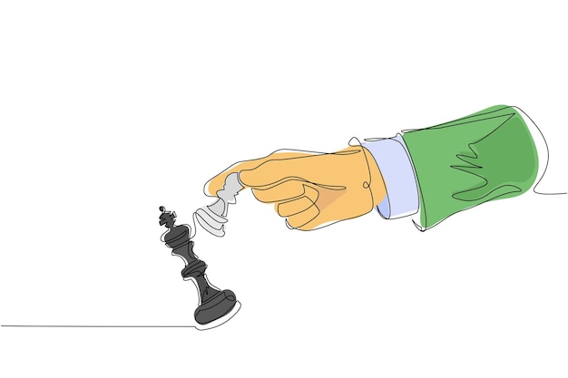 Un dibujo continuo de una línea hombre con la mano sosteniendo un peón de ajedrez Hombre usa una pieza de ajedres de peón para chocar con la opuesta