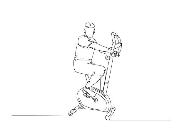 Dibujo continuo de una línea de un hombre montando una bicicleta estacionaria