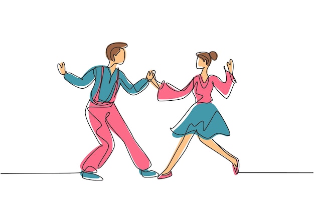 Dibujo continuo de una línea de un hombre y una mujer feliz bailando en el estudio de la escuela vector