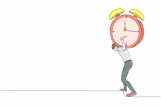 Dibujo continuo de una línea de un hombre de negocios agotado llevando un pesado reloj en la espalda.