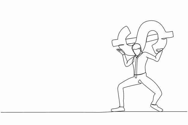 Dibujo continuo de una línea hombre de negocios agotado llevando un teléfono inteligente pesado en su vector de espalda