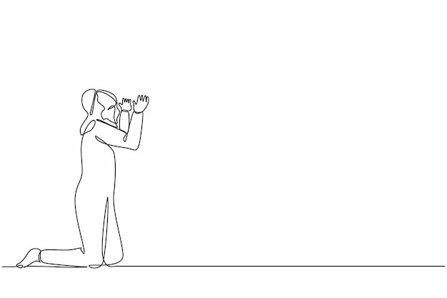 Un dibujo continuo de una línea el hombre de negocios árabe está de rodillas y pide ayuda para el diseño de vector