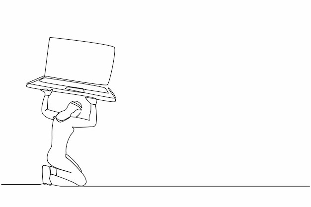 Dibujo continuo de una línea Un hombre de negocios árabe lleva una computadora portátil pesada en la espalda Ilustración