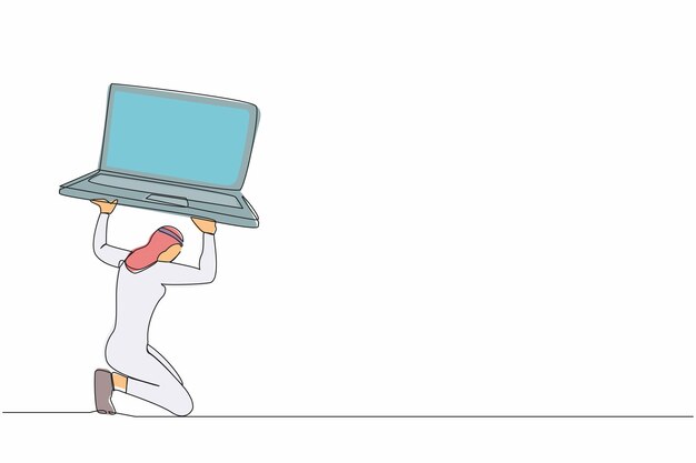 Dibujo continuo de una línea Un hombre de negocios árabe lleva una computadora portátil pesada en la espalda Ilustración