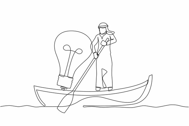 Un dibujo continuo de una línea hombre de negocios árabe navegando en un barco con una bombilla negocio de éxito