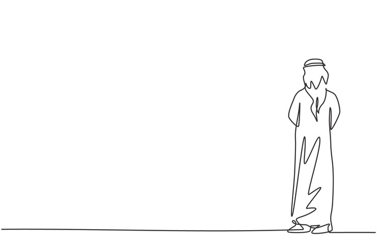 Vector dibujo continuo de una línea de un hombre de negocios árabe pensando en descubrir el vector de enfoque de la estrategia empresarial