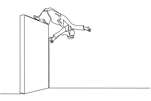 Dibujo continuo de una línea de un hombre de negocios árabe saltando por encima de una pared de ladrillo con estilo acrobático