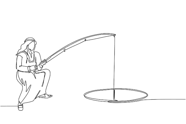 Dibujo continuo de una línea hombre de negocios árabe sosteniendo una caña de pesca de un agujero hombre pescando con una caña