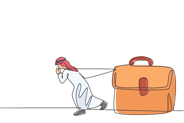 Dibujo continuo de una línea de un hombre de negocios árabe tirando del maletín de cuero vector de ética de trabajo duro