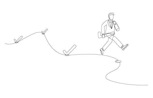 Vector dibujo continuo de una línea de un hombre de negocios corriendo al siguiente punto de control para poner una marca de verificación
